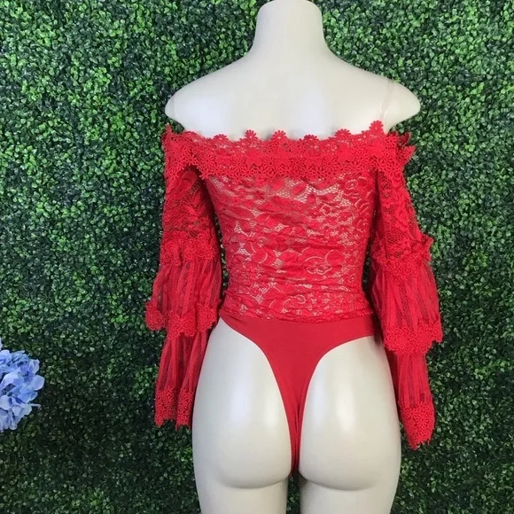 Red off shoulder bell sleeve lacey sheer bodysuit nwt - Picture 5 of 10